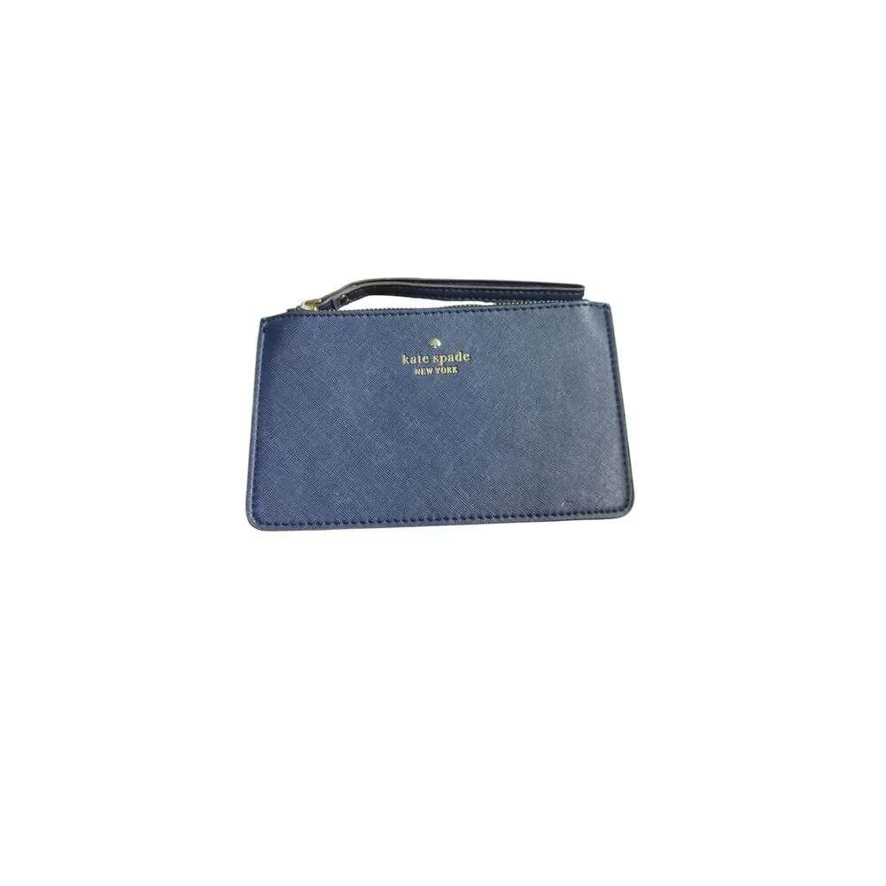 Kate Spade New York Navy Blue Saffiano Leather Wristlet Gold Logo Polka Dot Lini
